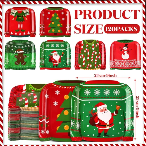 Vista 2 de Paquete de 120 platos de papel para suéter feo de Navidad, platos desechables de Navidad para fiesta de postre de 9 pulgadas con pan de jengibre