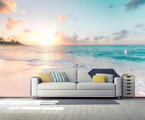 Vista 21 de Reyhui - Papel tapiz con imagen de palmera, paraíso tropical, playa, paisaje marino, para paredes de dormitorio, sala de estar, fondo de televisión