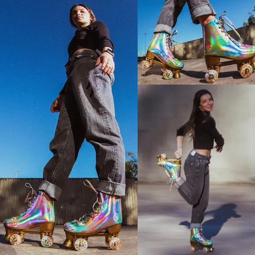 Vista 3 de JajaHoho Patines de ruedas para mujer, patines holográficos de alta calidad de piel sintética, patines brillantes de doble fila con cuatro ruedas