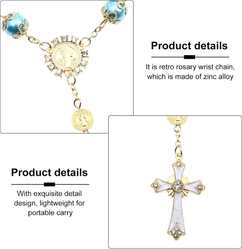 Vista 5 de Generic Bola de oración religiosa Pulsera de Rosario Cruz Virgen María Rosario Cuentas de oración Jesús Crucifijo Cruz para Mujeres Hombres Azul