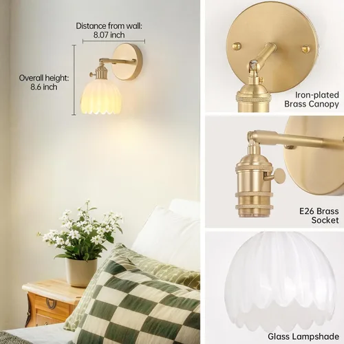 Vista 4 de Shenmoyl Aplique de pared vintage a pilas con bonita pantalla de vidrio de tulipán blanco, inalámbrico, recargable, luz de pared funciona