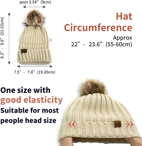 Vista 3 de ZOORON Gorro de punto de invierno para mujer con pompón de piel sintética, gorro de punto cálido para mujer