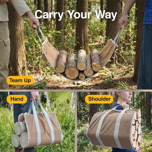 Vista 5 de Transportador de madera para leña con asas, bolsa honda plegable de lona de 16 onzas para leña, bolsa de transporte de troncos pesados de calidad