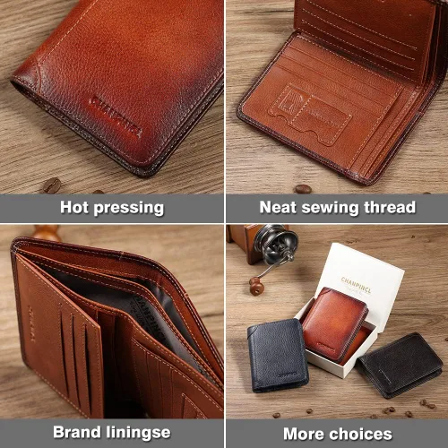 Vista 19 de Billetera de piel triple con bloqueo RFID para hombre con 2 ventanas de identificación, 2 compartimentos para efectivo, 6-8 ranuras para tarjetas