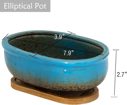Vista 3 de Macetas para suculentas, 1 maceta rectangular + 1 maceta de cerámica para bonsái con bandeja de drenaje, paquete de 2 macetas grandes y poco