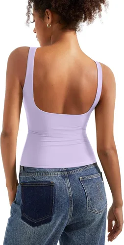 Vista 6 de SUUKSESS Camisetas sin mangas con respaldo abierto y cuello barco acolchado para mujer, con doble forro, camisas básicas Negro (Black Polka Dots)