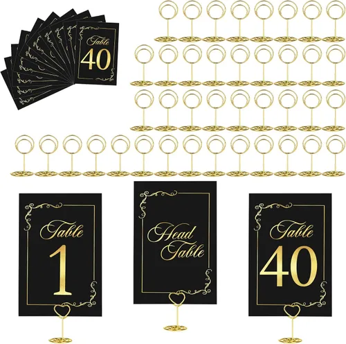 Vista 11 de JOYIT 21 juegos de tarjetas de mesa de boda del 1 al 20 y de la mesa principal con 21 soportes de números de mesas, tarjetas de números de oro negro