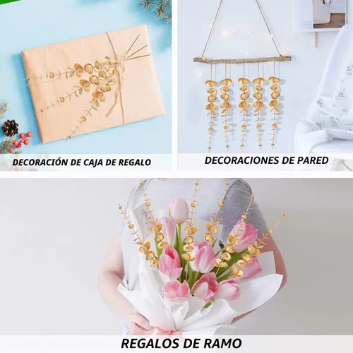 Vista 6 de FOIMAS Tallos de eucalipto artificiales dorados, 36 piezas de ramas de eucalipto sintético, decoración de hojas para arreglos florales, ramo