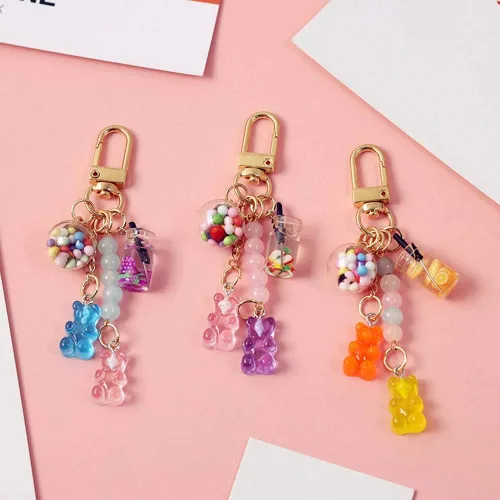 Vista 6 de Lindo llavero de resina con forma de oso de goma, color caramelo, dijes de oso de animales, llaveros para llaves de coche, bolsa colgante, regalo