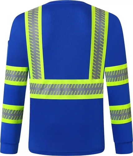 Vista 2 de JKSafety Camiseta de seguridad de manga larga de alta visibilidad con tiras reflectantes cosidas en bordes extendidos de color neón, camiseta
