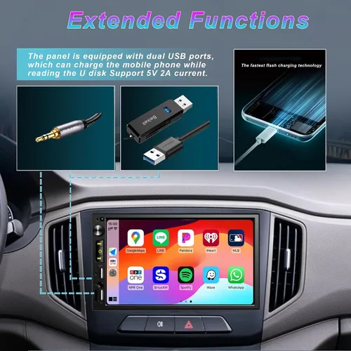 Vista 7 de Estéreo de coche de doble DIN de 7 pulgadas con Apple CarPlay inalámbrico, radio de coche Android Auto, Bluetooth 5.2, pantalla táctil IPS de 1024 *
