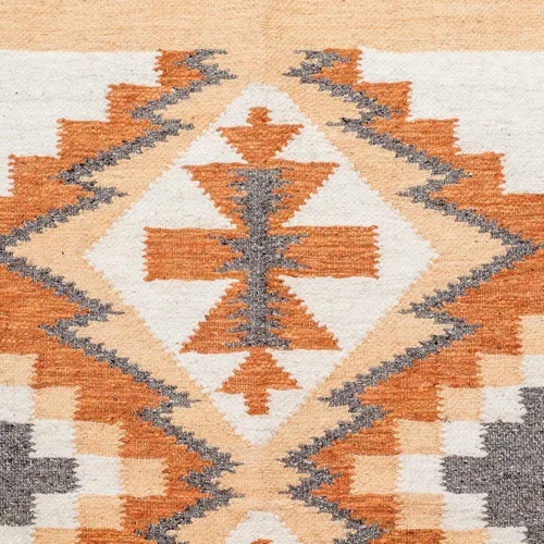 Vista 3 de NOVICA Alfombra de área tejida a mano hecha a mano acrílica geométrica en naranja multicolor Guatemala sólidos con patrón rectangular tradicional