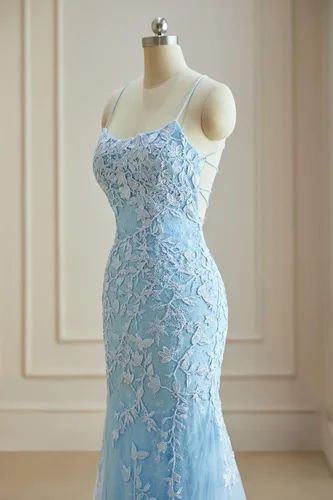 Vista 3 de Vestidos de fiesta de sirena con apliques de encaje, tirantes delgados, vestidos formales de tul, vestidos de noche ajustados para mujer