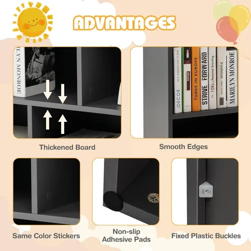 Vista 6 de MEDIMALL Organizador de almacenamiento de juguetes para niños de 5 cubos, estante de almacenamiento de madera de 2 niveles para libros y juguetes