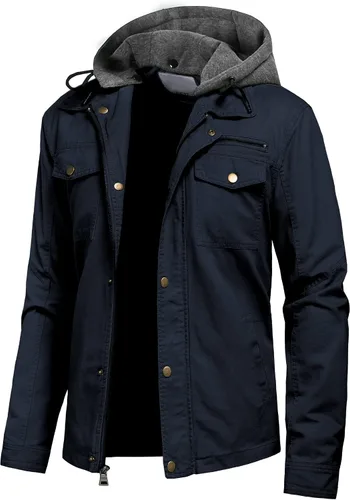 Vista 21 de Pursky Chaqueta de lona de algodón militar casual para hombre con capucha desmontable