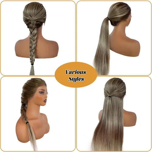 Vista 5 de Pelucas de cabello humano lacio con encaje frontal, color castaño cenizo degradado a rubio 613 con raíces oscuras 13x6 HD, peluca frontal de encaje