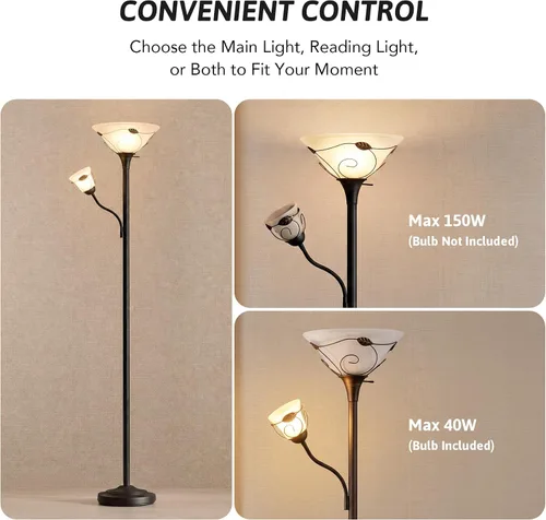 Vista 10 de VONLUCE Torchiere - Lámpara de pie con luz de lectura lateral, interruptor de 3 vías, combo de bronce antiguo, lámpara de pie para madre e hija