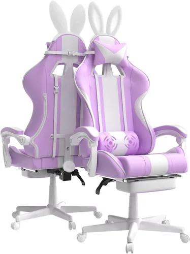 Vista 9 de Ferghana - Silla de juego Kawaii en azul claro con orejas de conejo, silla Gamer ergonómica y linda con reposapiés y masaje, silla de juego