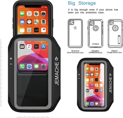 Vista 6 de Brazalete para iPhone 17 16 Pro, JEMACHE Gym Workouts Running Arm Band para iPhone 17/16/15/14/13/12 Pro (negro)