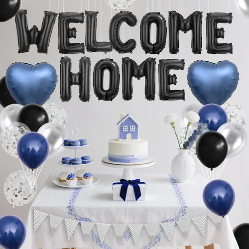 Vista 5 de Decoraciones Welcome Home Negro Azul Plateado, Pancarta de Globos de Papel de Aluminio Negro Welcome Home con Globos de Corazón Azul Marino Banderín