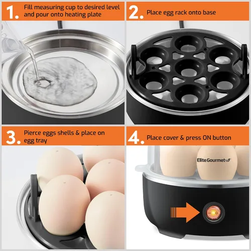 Vista 4 de Elite Gourmet - Cocina eléctrica para huevos de 7 huevos, apagado Negro clásico