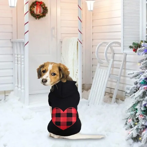 Vista 2 de Sudadera con capucha para perros pequeños, ropa para mascotas, diseño de lana cuadriculada negro, cálido y suave, transpirable, cómodo (Talla S)