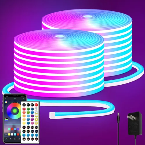 Vista 8 de Cuerda de luces LED de neón de 16.4 pies con aplicación o control remoto, luces LED flexibles, múltiples modos, luces de neón RGB para exteriores