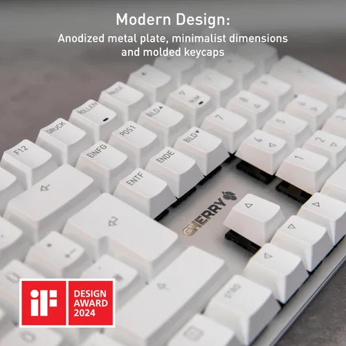 Vista 3 de Teclado mecánico de oficina Cherry KC 200 MX con nuevos interruptores MX2A. Diseño moderno con marco de placa metálica.