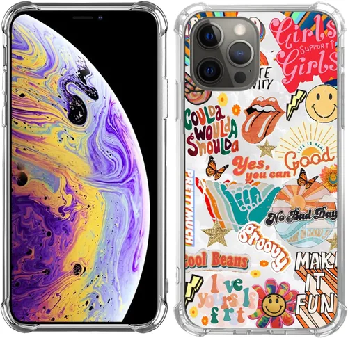 Vista 4 de Funda retro de Good Vibes con patrón de mariposa y cara sonriente compatible con iPhone 14 Pro, funda de collage de colores estéticos Trippy