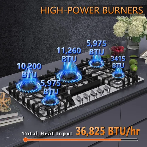 Vista 2 de Placa de cocina de gas de 36 pulgadas con plancha, estufa de gas incorporada con 5 quemadores, cocinas convertibles a NG/LPG, 5 quemadores