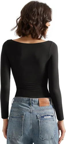 Vista 4 de SUUKSESS Camiseta de mujer con cuello redondo, manga larga, doblemente forrada, ajustada y corta Negro