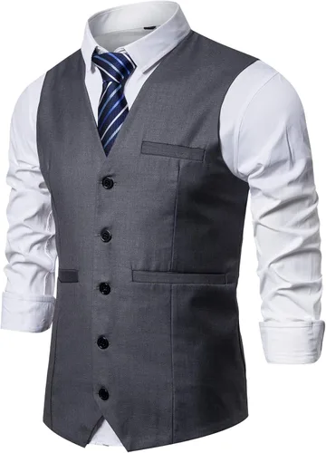 Vista 9 de DONGD Chaleco de traje formal para hombre, chaleco de vestir de negocios para traje o esmoquin Gris
