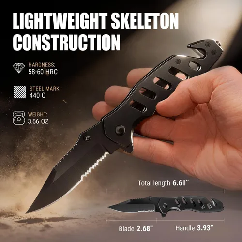 Vista 4 de Cuchillo táctico legal para hombres y mujeres - Hoja serrada de 2.68 pulgadas - Pequeños cuchillos de bolsillo negros con rompecristales y cortador