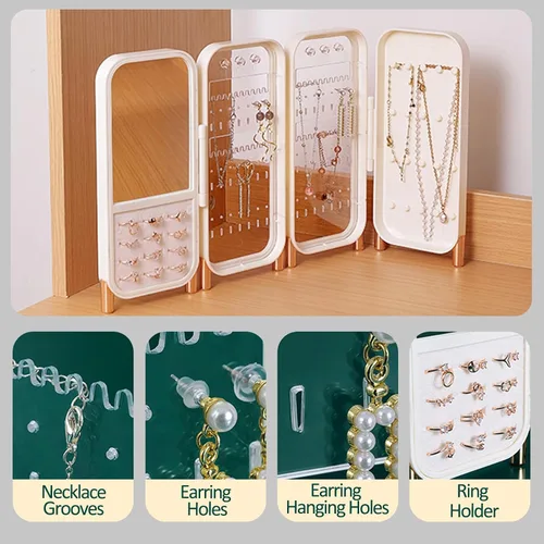 Vista 3 de Lejesth Caja organizadora de joyas plegable con espejo, organizador de aretes y anillos de 4 capas, a prueba de polvo, caja de joyería que ahorra