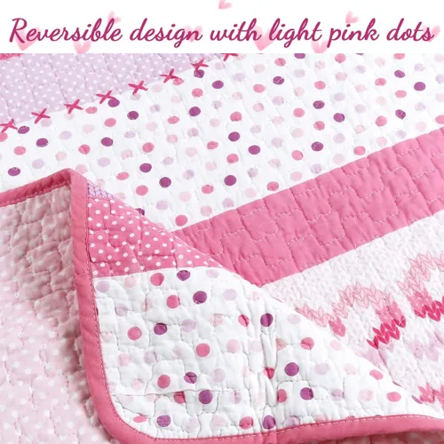 Vista 3 de [Usado] Juego de ropa de cama de algodón de 6 piezas con estampado de corazones, mariposas y lunares, a rayas, rosa, morado, blanco, de algodón