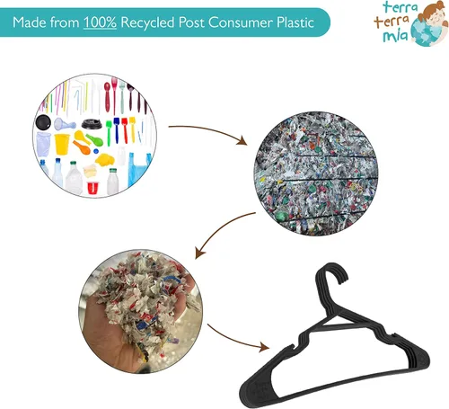 Vista 2 de Perchas delgadas ecológicas para ropa ligera (máximo 1 libra), hechas de plástico 100% reciclado (negro/gris, paquete de 60 unidades)