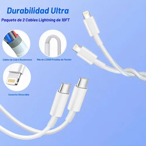 Vista 8 de Cargador rápido para iPhone, [certificado Apple MFi] Paquete de 2 cargadores de pared PD USB C con cargador de pared USB C extra largo de 10 pies a