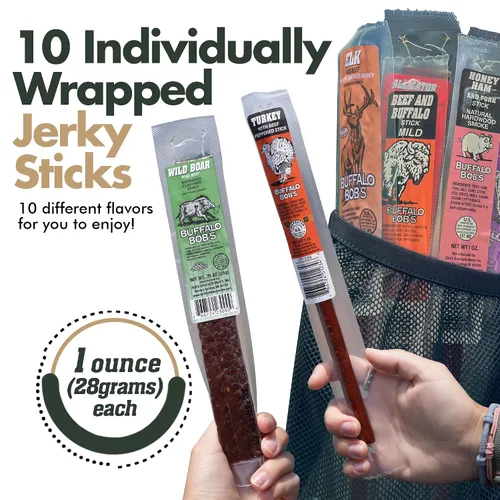 Vista 3 de Buffalo Bob's Wild Game Jerky (paquete de 10) Paquete de regalo de muestra de carne exótica premium Incluye búfalo, alce, venado, avestruz