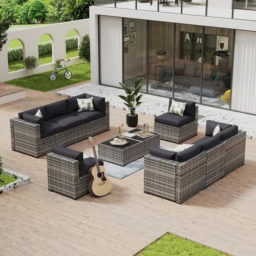 Vista 9 de Aoxun - Juego de 7 piezas de muebles de patio de mimbre de ratán, conjunto de sofá modular para conversación de patio con mesa de café y cojines