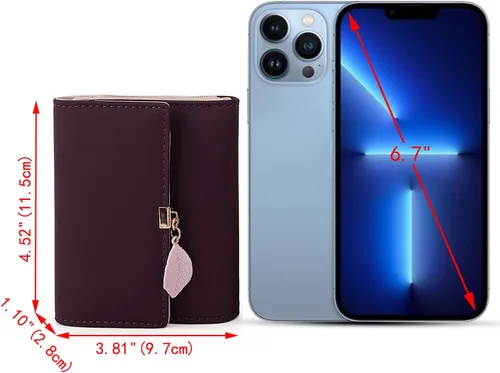 Vista 6 de UTO - Cartera pequeña RFID de piel sintética con dije de hoja, cierre de cremallera y tarjetero.