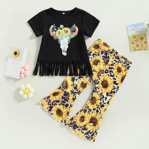 Vista 100 de fhutpw Conjunto de camiseta de manga corta con estampado de vaca y pantalones acampanados de dibujos animados para niñas