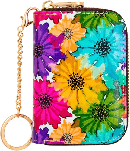 Vista 13 de Soporte para tarjetas de crédito, cartera con bloqueo RFID para mujer, pequeña cartera delgada de cuero con llavero con cremallera, funda