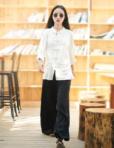 Vista 7 de LUZU JUNU Blusa casual de algodón y lino con botones para mujer, manga larga, holgada, con bolsillos