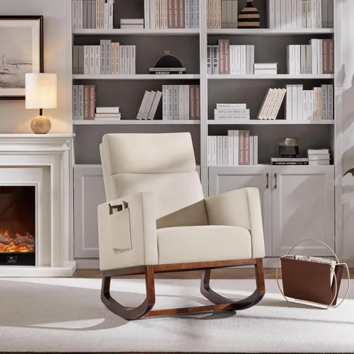 Vista 9 de Yaheetech Silla mecedora para sala de estar, silla deslizante tapizada con bolsillo lateral, silla decorativa moderna con respaldo alto cómodo Beige