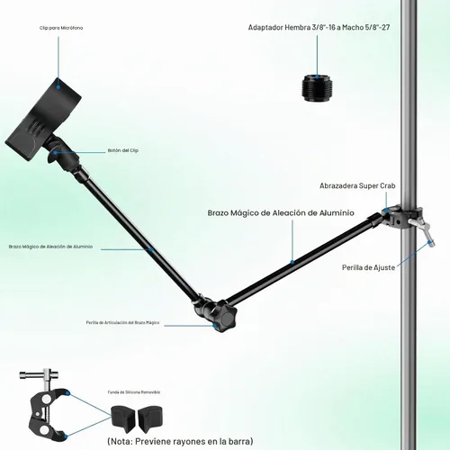 Vista 2 de Mippko Soporte para micrófono, 21.5 pulgadas de largo, flexible, ajustable, brazo mágico, súper abrazadera de cangrejo, clip de micrófono de 3/8"-16