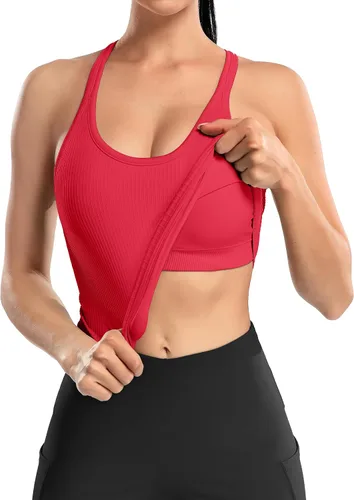 Vista 58 de ATTRACO Camiseta corta acanalada de entrenamiento para mujer con brasier integrado para yoga, espalda cruzada, ajuste ajustado