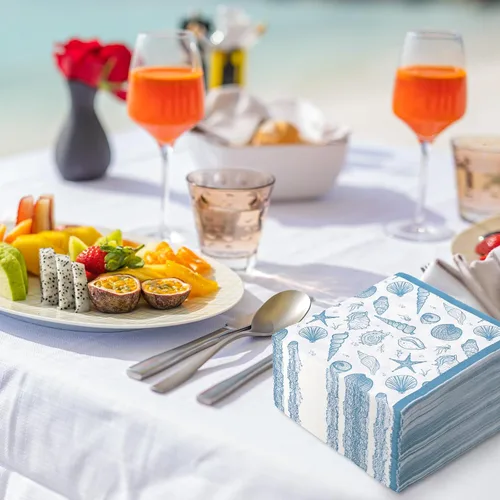 Vista 5 de AnyDesign Paquete de 100 servilletas de almuerzo de concha de mar, conchas de océano azul, conchas de playa, servilletas de papel desechables