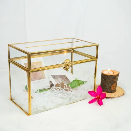 Vista 9 de YIMORENCE V Tarjetero de cristal dorado – Caja de sobres de boda con forma rectangular con ranura y pie, perfecto para recepción y centro de mesa