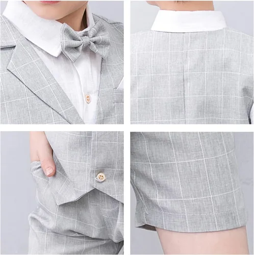 Vista 3 de Traje de verano para niños, ropa de vestir para niños, traje de portador de anillo de boda, 4 piezas, camisa, chaleco y pantalones cortos
