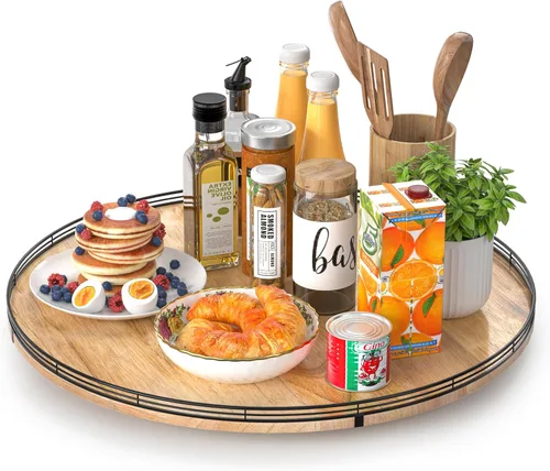 Vista 13 de Marble Lazy Susan - Tocadiscos para mesa, bandeja redonda de mármol de grano de madera antigua de 10 pulgadas para mesa de comedor, encimera de Negro